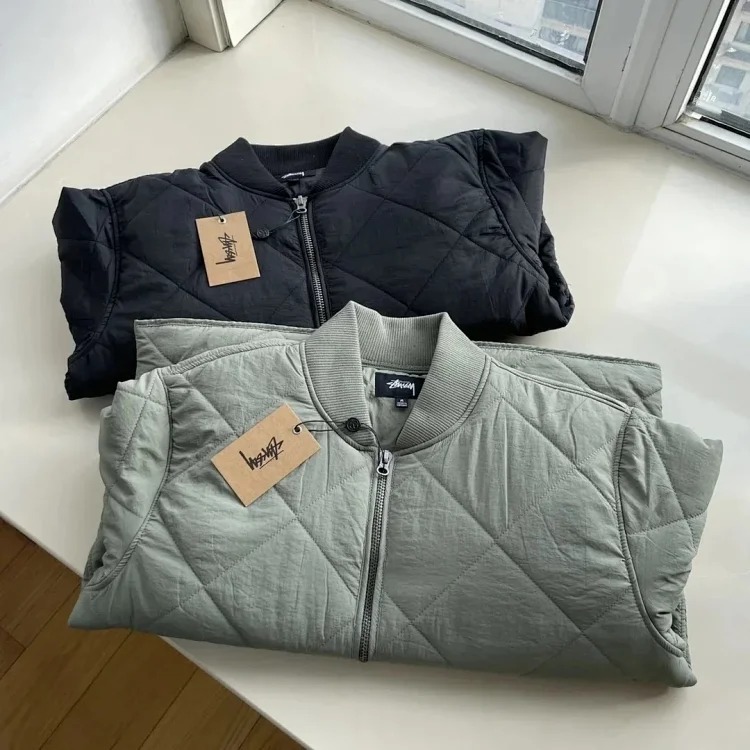 Stussy Back 8 BALL QUILTED LINER JACKET Black 8 Towel Embroidery Diamond Quilted Baseball Collar Cotton Couple Style Original One-to-One Definitely Woven Dyeing Nylon Surface