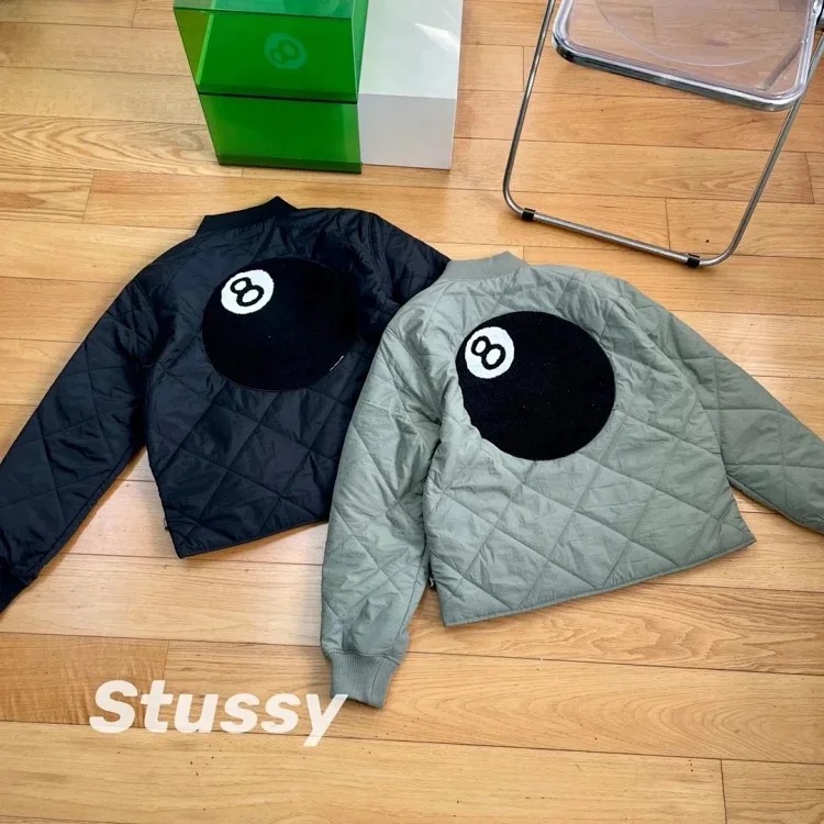 Stussy Back 8 BALL QUILTED LINER JACKET Black 8 Towel Embroidery Diamond Quilted Baseball Collar Cotton Couple Style Original One-to-One Definitely Woven Dyeing Nylon Surface