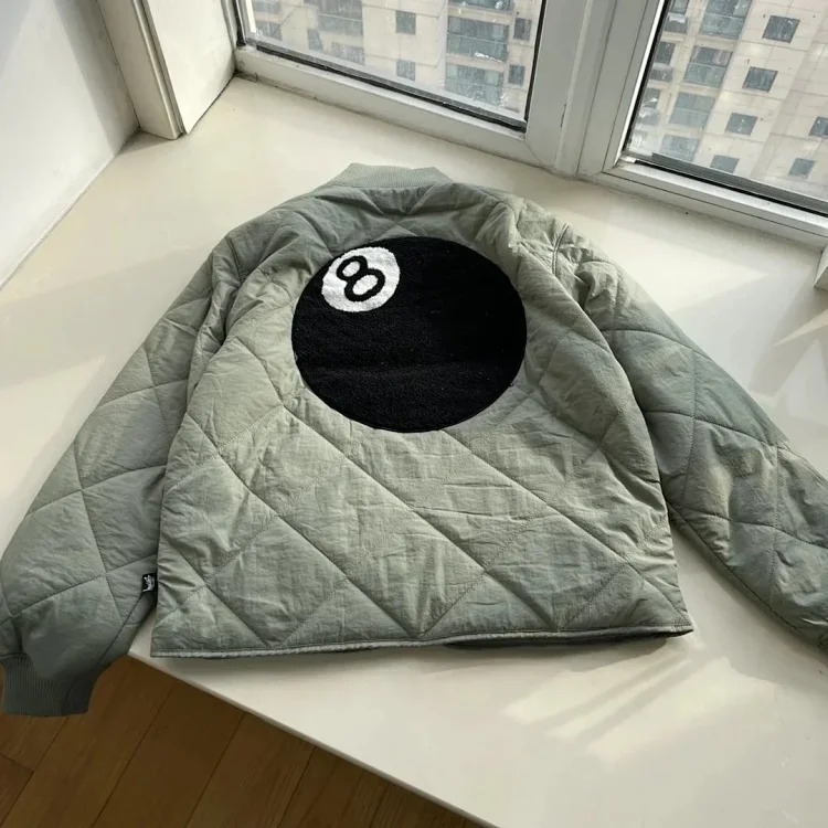 Stussy Back 8 BALL QUILTED LINER JACKET Black 8 Towel Embroidery Diamond Quilted Baseball Collar Cotton Couple Style Original One-to-One Definitely Woven Dyeing Nylon Surface