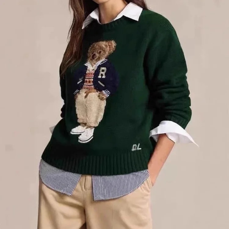 Xiaoma~Autumn and R embroidered baseball uniform cartoon bear sweater loose lazy style versatile