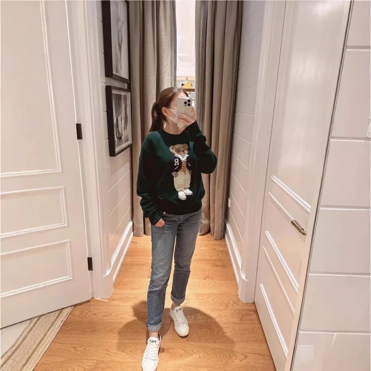 Xiaoma~Autumn and R embroidered baseball uniform cartoon bear sweater loose lazy style versatile