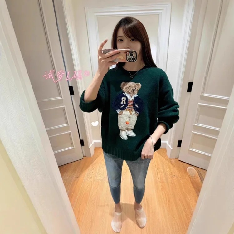 Xiaoma~Autumn and R embroidered baseball uniform cartoon bear sweater loose lazy style versatile
