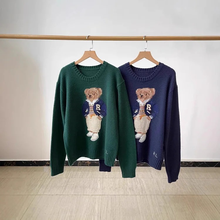 Xiaoma~Autumn and R embroidered baseball uniform cartoon bear sweater loose lazy style versatile