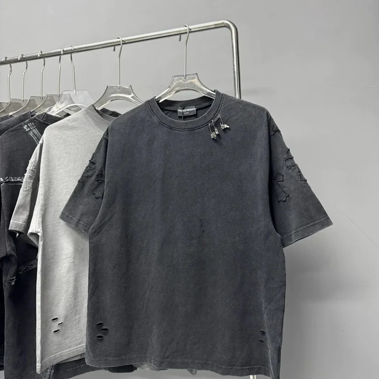 Heavy industry washed and distressed casual short-sleeved T-shirts for men and women