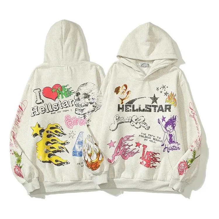 [hello series] fog high street washed and distressed heavy worker head print casual sweatshirt couple wear hoodie