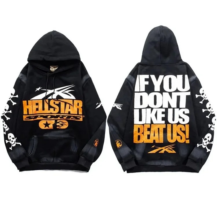 [hello series] fog high street washed and distressed heavy worker head print casual sweatshirt couple wear hoodie