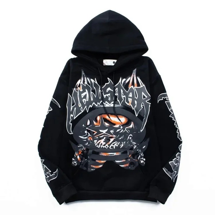 [hello series] fog high street washed and distressed heavy worker head print casual sweatshirt couple wear hoodie