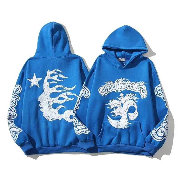 [hello series] fog high street washed and distressed heavy worker head print casual sweatshirt couple wear hoodie