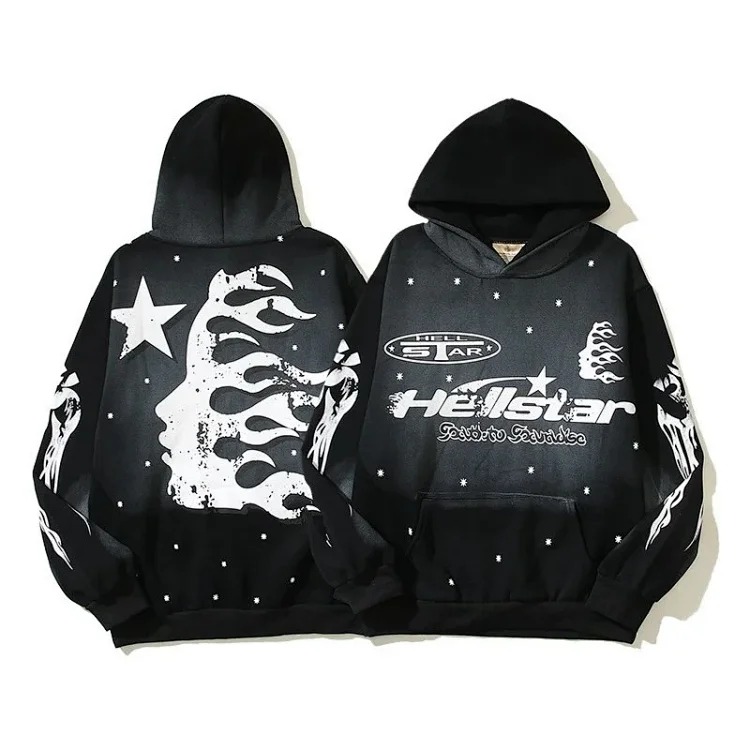 [hello series] fog high street washed and distressed heavy worker head print casual sweatshirt couple wear hoodie
