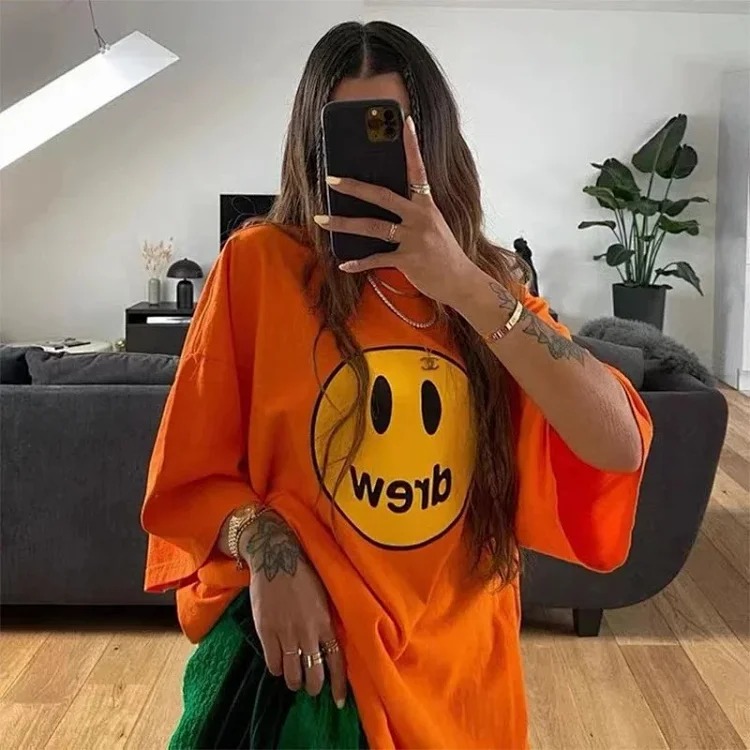 drewSmiley face printed short-sleeved Justin Bieber same style high street casual men and women couple loose T-shirt ins