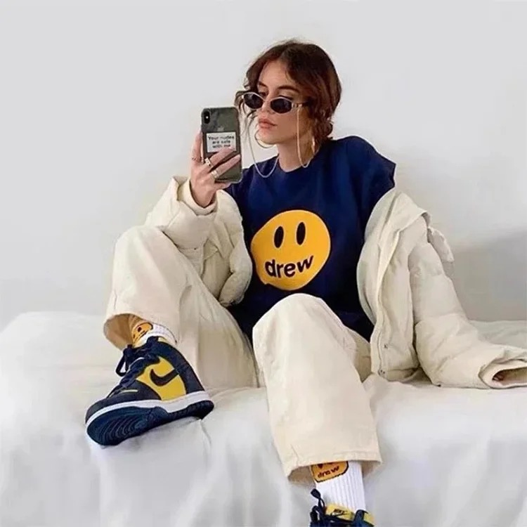 drewSmiley face printed short-sleeved Justin Bieber same style high street casual men and women couple loose T-shirt ins