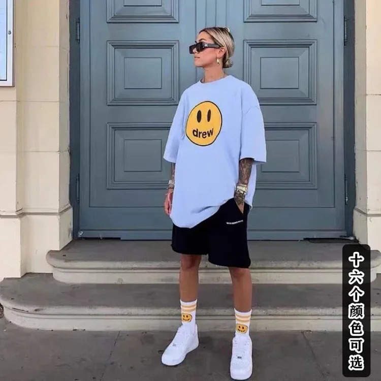 drewSmiley face printed short-sleeved Justin Bieber same style high street casual men and women couple loose T-shirt ins