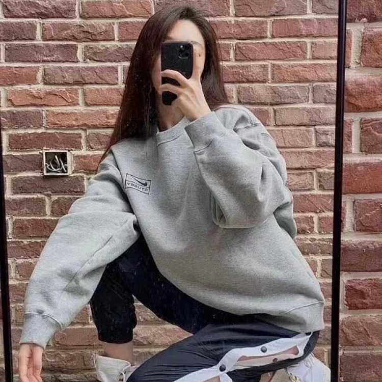 Chest printed extra thick fleece plus velvet warm round neck pullover sweatshirt