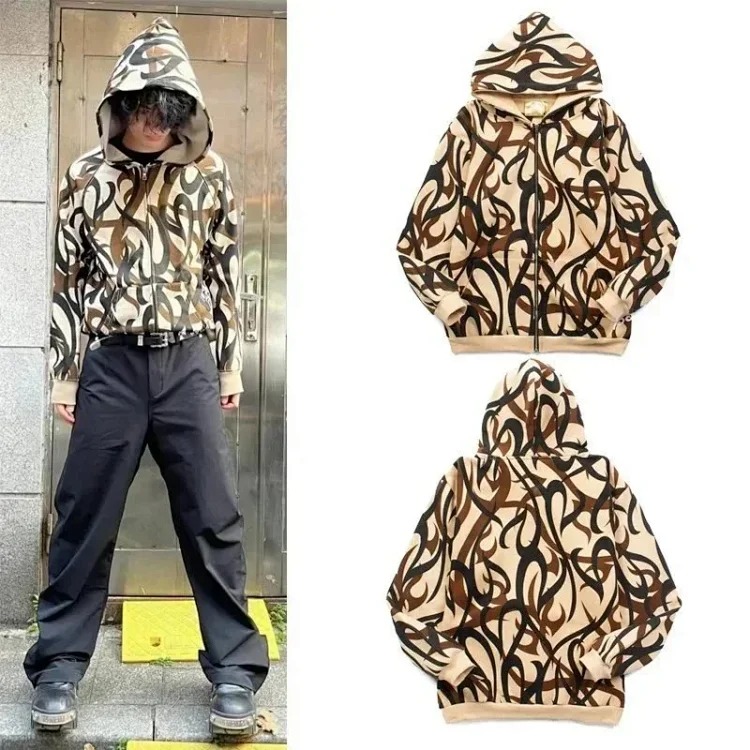 Velvet zipper sweatshirt European and American high street fashion brand hip-hop street ins star travis scott same style thorns all over print pure cotton fleece cardigan sweatshirt zipper h
