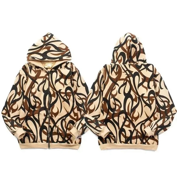 Velvet zipper sweatshirt European and American high street fashion brand hip-hop street ins star travis scott same style thorns all over print pure cotton fleece cardigan sweatshirt zipper h