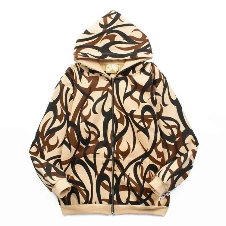 Velvet zipper sweatshirt European and American high street fashion brand hip-hop street ins star travis scott same style thorns all over print pure cotton fleece cardigan sweatshirt zipper h