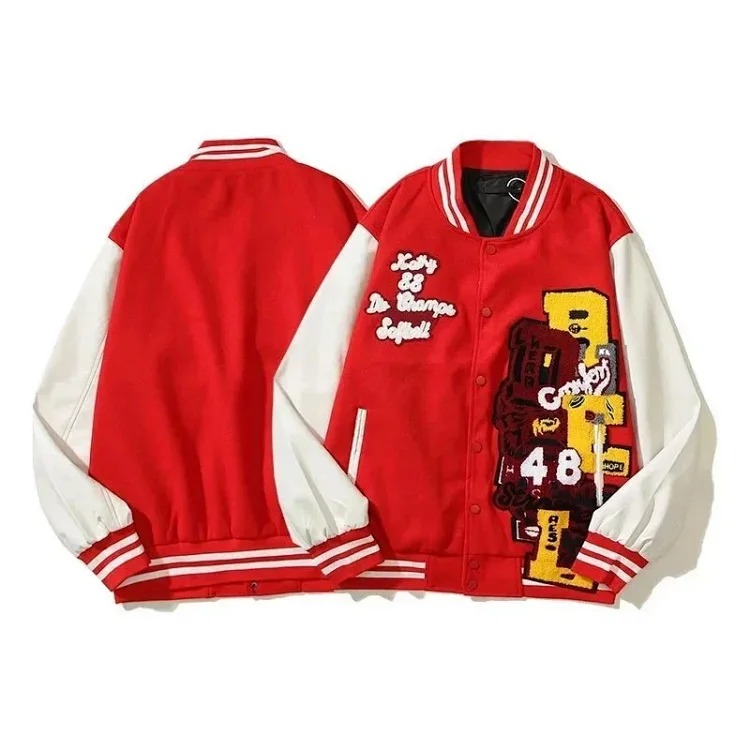 [Longfengni Lined Fabric] Autumn American Travis Scott autumn and winter casual towel embroidery for male and female students splicing leather sleeves loose baseball uniform jacket jacket ba