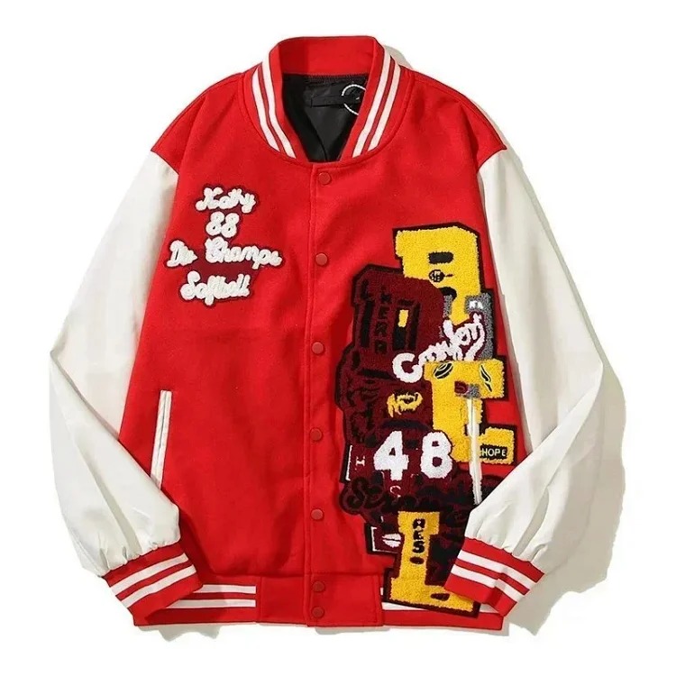 [Longfengni Lined Fabric] Autumn American Travis Scott autumn and winter casual towel embroidery for male and female students splicing leather sleeves loose baseball uniform jacket jacket ba