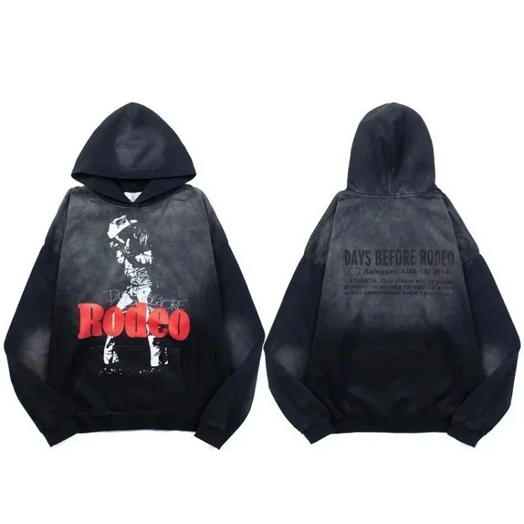 420g heavyweight washed sweatshirt American high street trendy brand travis scott hooded sweatshirt washed spray Ma Liu distressed retro male and female couple autumn Rodeo pure cotton terry