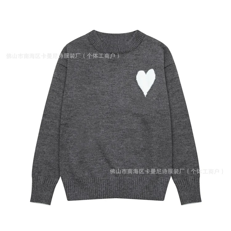 Cross-border AM sweater classic round neck big heart jacquard pullover loose lazy casual couple wear trend