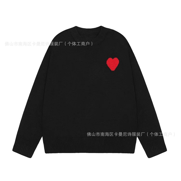 Cross-border AM sweater classic round neck big heart jacquard pullover loose lazy casual couple wear trend