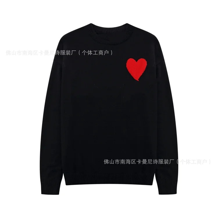 Cross-border AM sweater classic round neck big heart jacquard pullover loose lazy casual couple wear trend