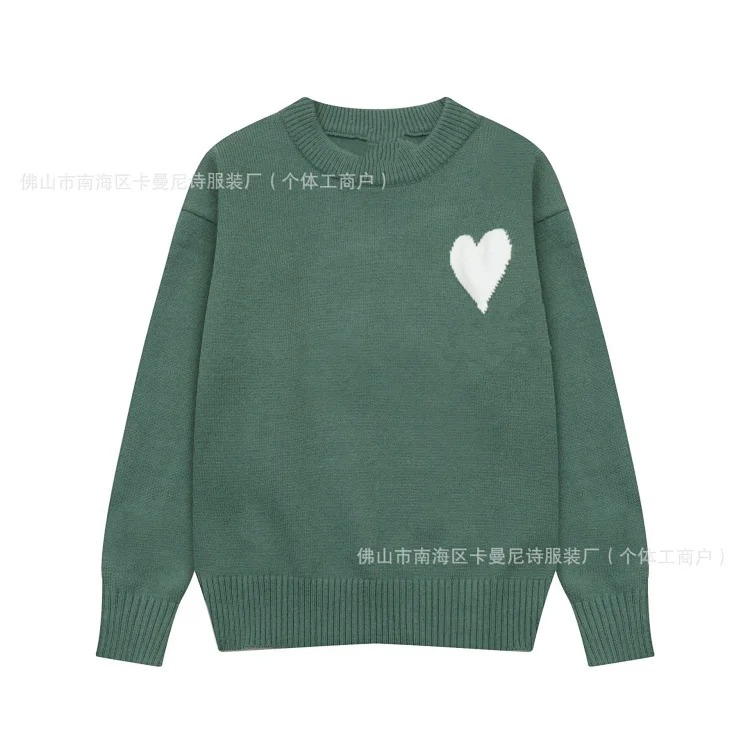 Cross-border AM sweater classic round neck big heart jacquard pullover sweater loose lazy casual couple wear trend