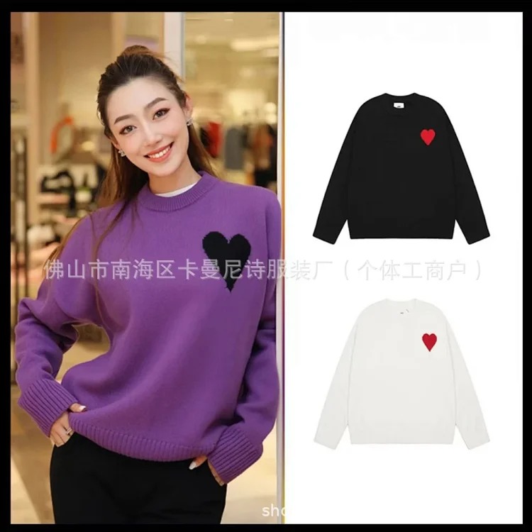 Cross-border AM sweater classic round neck big heart jacquard pullover sweater loose lazy casual couple wear trend