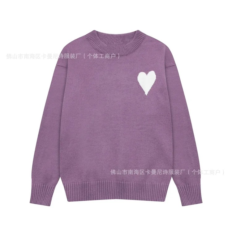 Cross-border AM sweater classic round neck big heart jacquard pullover sweater loose lazy casual couple wear trend