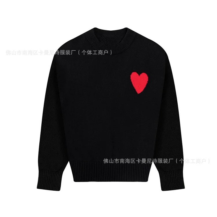 Cross-border AM sweater classic round neck big heart jacquard pullover sweater loose lazy casual couple wear trend