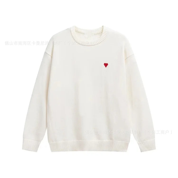Cross-border AM sweater classic round neck big heart jacquard pullover sweater loose lazy casual couple wear trend
