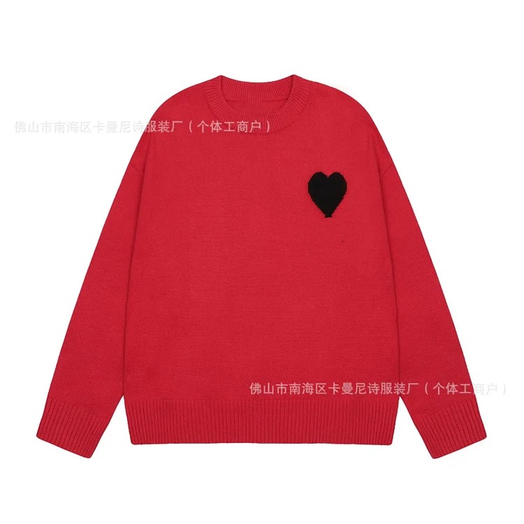 Cross-border AM sweater classic round neck big heart jacquard pullover sweater loose lazy casual couple wear trend