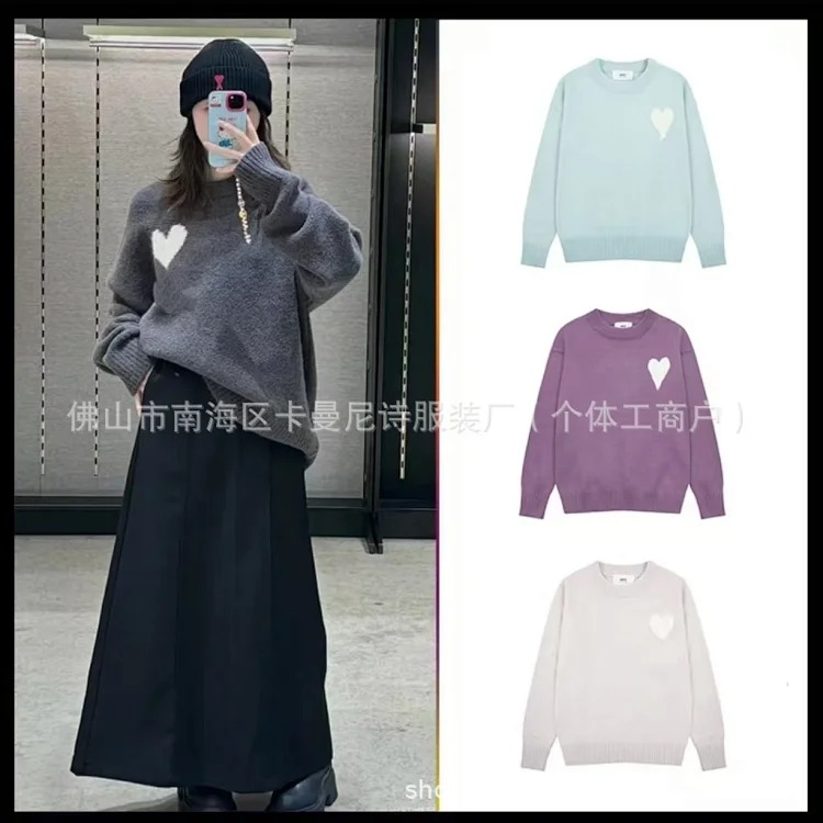 Cross-border AM sweater classic round neck big heart jacquard pullover sweater loose lazy casual couple wear trend