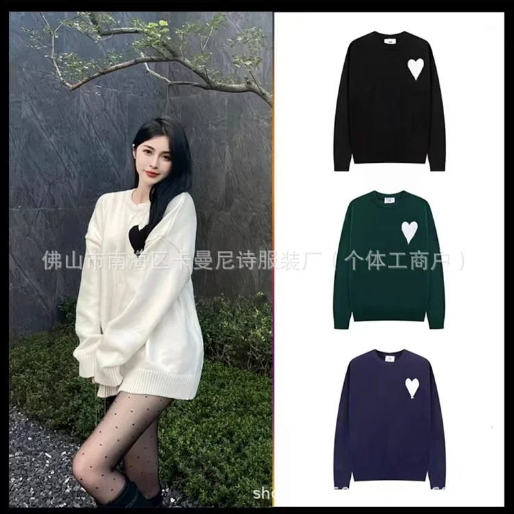 Cross-border AM sweater classic round neck big heart jacquard pullover sweater loose lazy casual couple wear trend