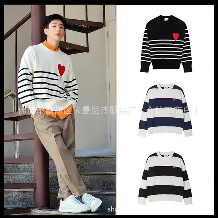 Cross-border AM sweater classic round neck big heart jacquard pullover sweater loose lazy casual couple wear trend