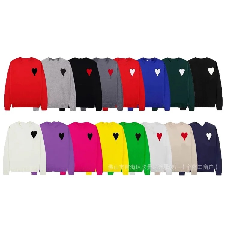 Cross-border AM sweater classic round neck big heart jacquard pullover sweater loose lazy casual couple wear trend