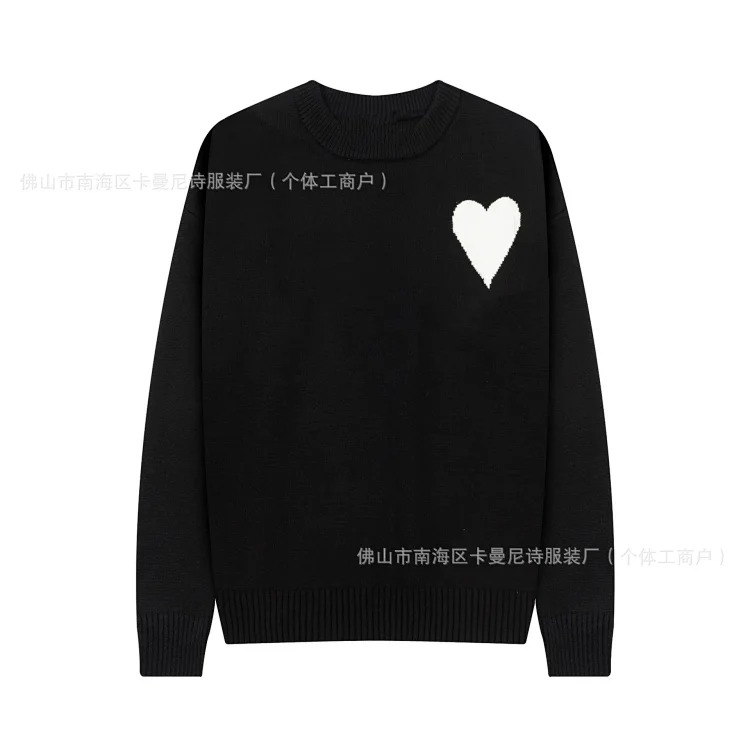 Cross-border AM sweater classic round neck big heart jacquard pullover sweater loose lazy casual couple wear trend
