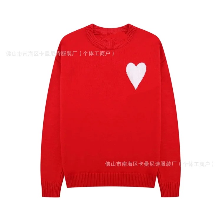 Cross-border AM sweater classic round neck big heart jacquard pullover sweater loose lazy casual couple wear trend