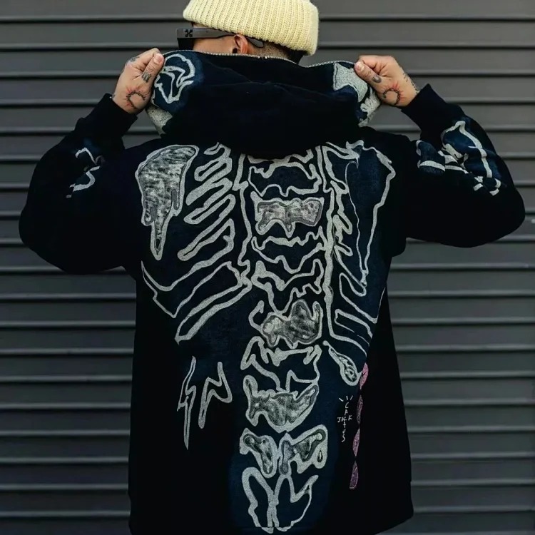 Cross-border version Travis Scott skeleton skeleton velvet hooded sweatshirt for men and women high street cardigan jacket