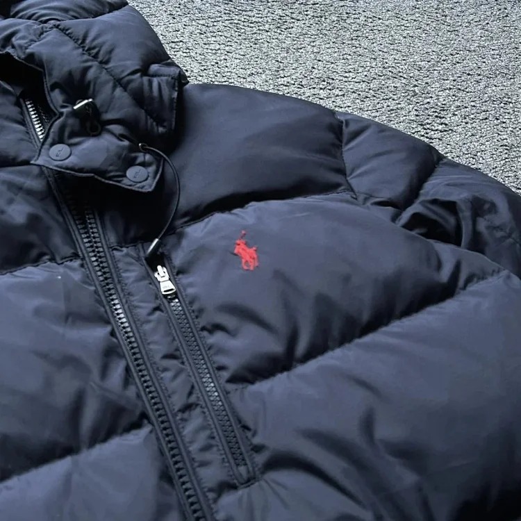 Eternally classic Ralph Lauren, men's hooded tall fluffy warm thick hooded down jacket with pony logo embroidery.