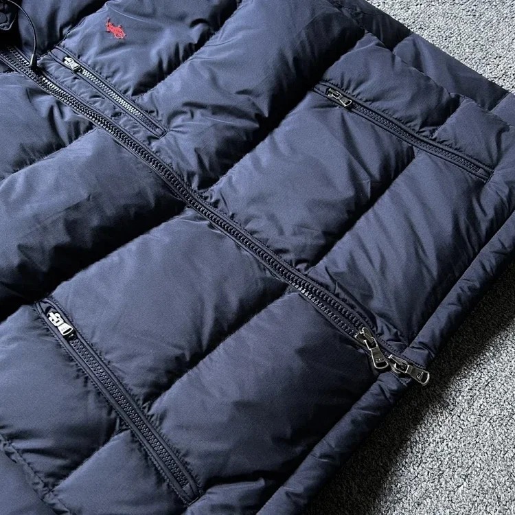 Eternally classic Ralph Lauren, men's hooded tall fluffy warm thick hooded down jacket with pony logo embroidery.