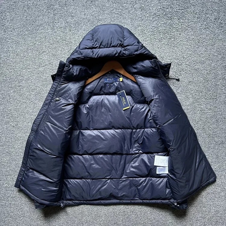 Eternally classic Ralph Lauren, men's hooded tall fluffy warm thick hooded down jacket with pony logo embroidery.