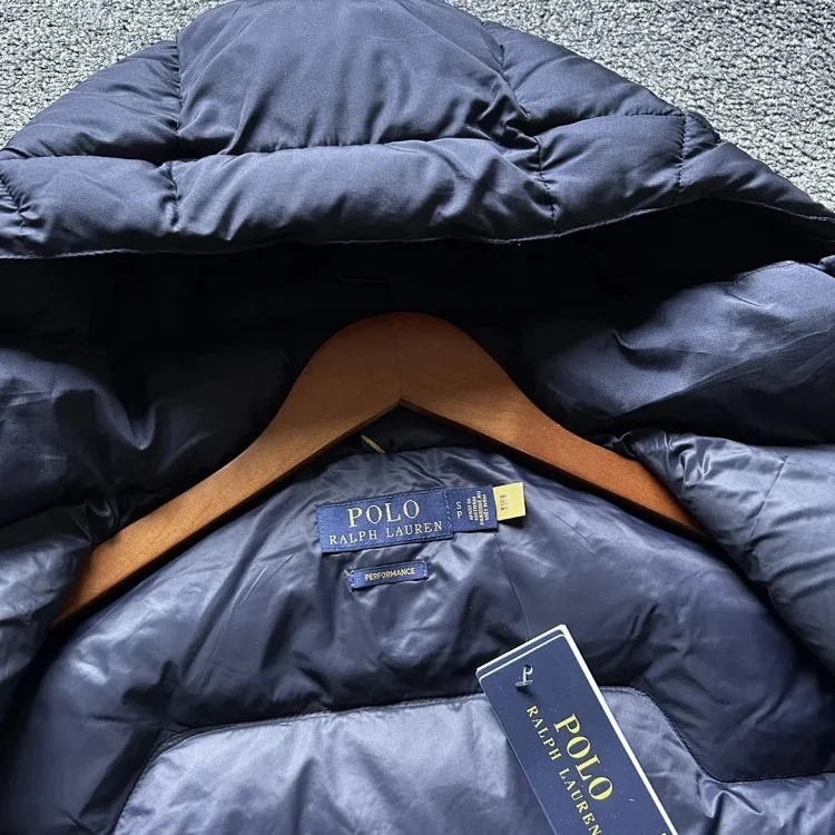 Eternally classic Ralph Lauren, men's hooded tall fluffy warm thick hooded down jacket with pony logo embroidery.
