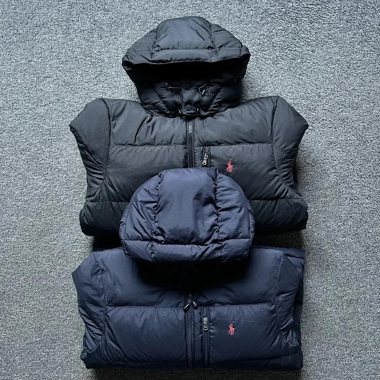 Eternally classic Ralph Lauren, men's hooded tall fluffy warm thick hooded down jacket with pony logo embroidery.