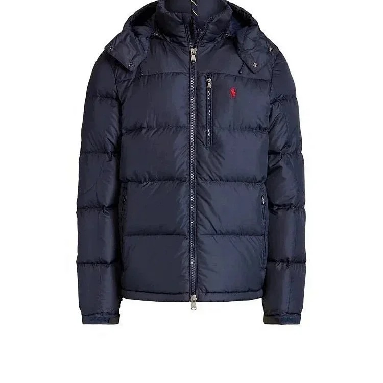 Eternally classic Ralph Lauren, men's hooded tall fluffy warm thick hooded down jacket with pony logo embroidery.