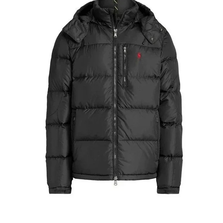 Eternally classic Ralph Lauren, men's hooded tall fluffy warm thick hooded down jacket with pony logo embroidery.