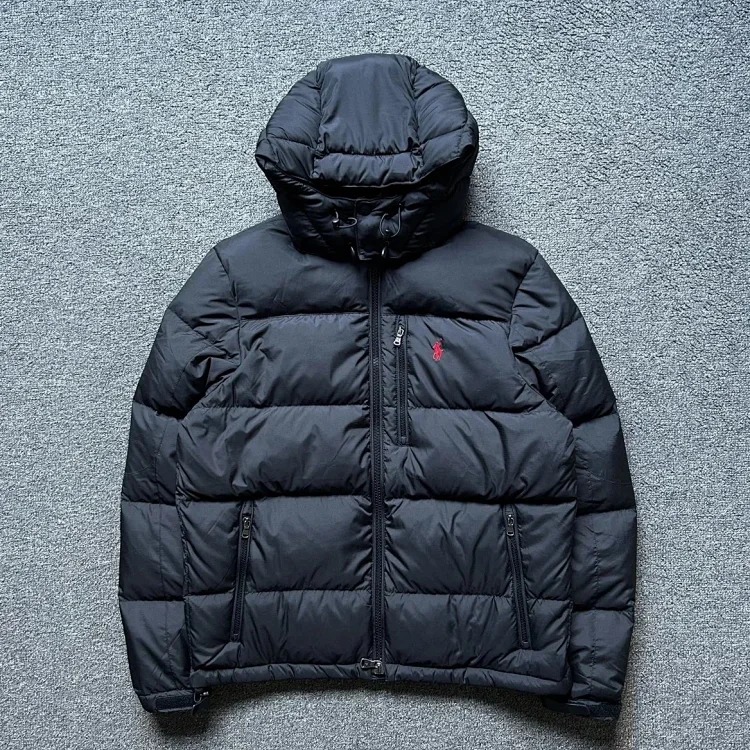 Eternally classic Ralph Lauren, men's hooded tall fluffy warm thick hooded down jacket with pony logo embroidery.