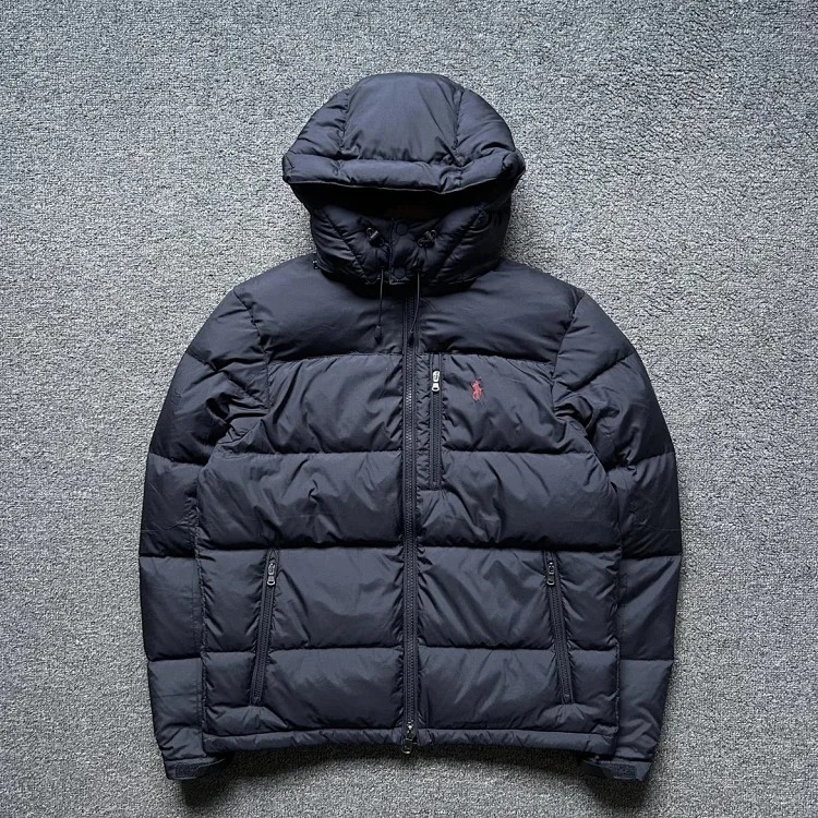 Eternally classic Ralph Lauren, men's hooded tall fluffy warm thick hooded down jacket with pony logo embroidery.