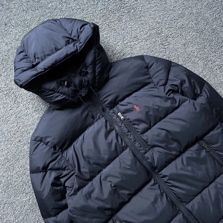Eternally classic Ralph Lauren, men's hooded tall fluffy warm thick hooded down jacket with pony logo embroidery.