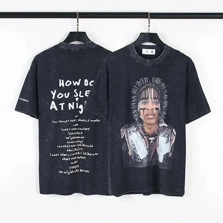 American retro high street niche Travis Scott Teezo Touchdown Utopia Tour long nail head washed and aged pure cotton round neck half-sleeved short-sleeved T-shirt